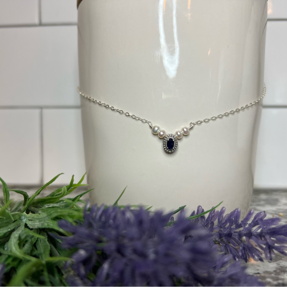 Handmade Sapphire and Freshwater Pearls on Sterling Silver Necklace